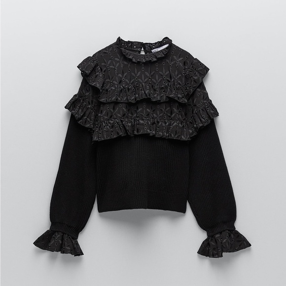 Zara nwt black lace crochet boho bohemian black knitted sweater top - Picture 4 of 7